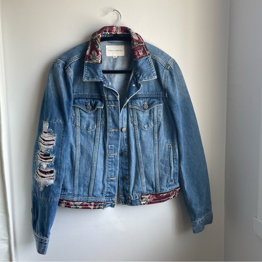 Distressed Denim Jacket with Tapestry Detail Women Size S-Vince Camuto